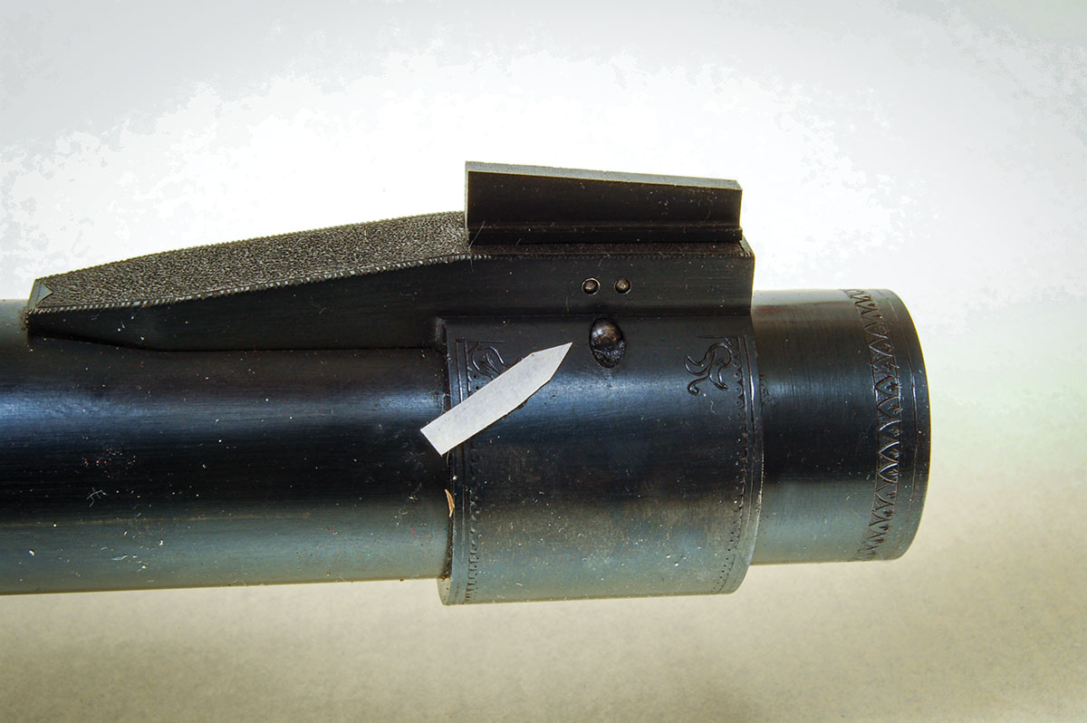 This ball gun front sight needed a cross-pin (arrow) to withstand recoil.